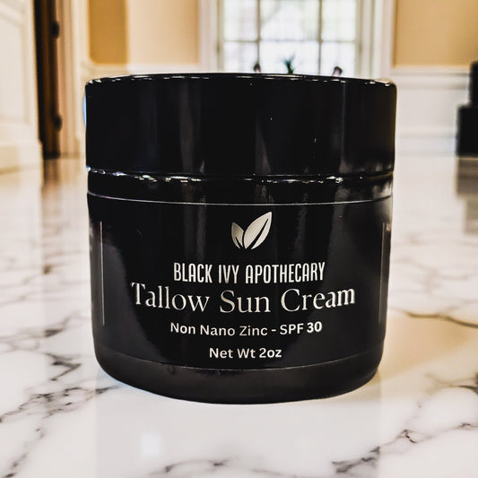 Tallow Sun Cream in 2 oz jar – handcrafted natural mineral sunscreen with zinc oxide SPF 30 from Black Ivy Apothecary